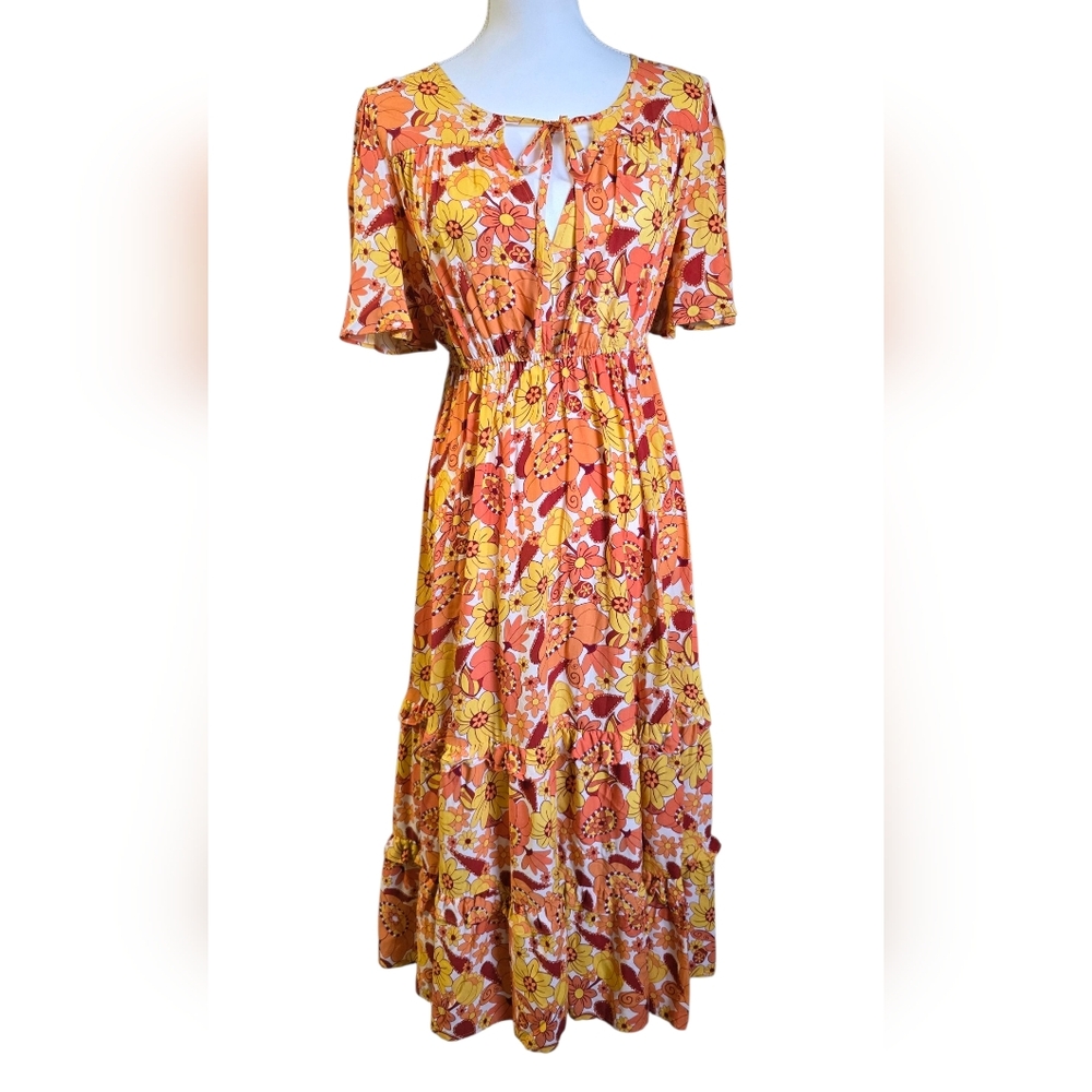 Floral V-Neck Maxi Dress - Orange and Yellow
